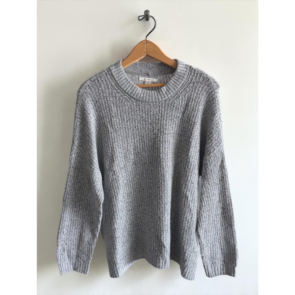 American Eagle Grey Ribbed Crew Neck Sweater Womens Medium Marl Knit Relaxed Fit